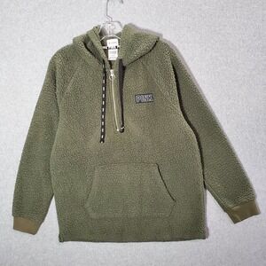 Pink Victorias Secret Men Sweatshirt Medium Olive‎ Sherpa Hoodie 1/4 Zip Logo